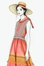 Placeholder: Fashion sketch model with dress rural fashion natural materials coral red and fleshy pink, moss green, ochre yellow, hat, rural fashion, countryside sustainable materials, cotton, linen, lace fabrics, macramé, embroidery, light knitwear, applied workmanship, 3D printing, accessories jacquard ribbons and cotton, fringed borders