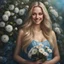 Placeholder: (best quality, 4k, 8k, highres, masterpiece:1.2), ultra-detailed, (realistic, photorealistic, photo-realistic:1.37),hyper realistic, full body gorgeous smiling 1woman,long hair,looking at viewer,realistic proportions,blue eyes,hair ornament,dress,very long hair,flower,blonde hair,parted lips,necklace,white dress,blonde hair,lips,blurry background,freckles,realistic,head wreath, pink flower,realistic portrait, dreamy fantasy landscape countryside,crystal castle behind