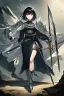 Placeholder: Anime girl with short black hair and sharp green eyes, holding a pike, full body black and white metal plate armour, full body shot, Dramatic lighting,1woman, soaked in blood, Warrior, standing pose, sword at the waist, close shot