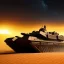 Placeholder: volumetric dramatic desert Battle scene with futuristic hovering military armored Hovercraft tank painted by chris foss,Laser turret, floating, hover, 4k, 8k, [hovercraft] Minutiae, highly detailed, render, rivets, hovering, stripes, sunset duststorm, nimbus clouds