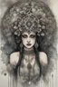 Placeholder: Aquarelle vantblack pouring Acrylic A beautiful ancient shamanism watercolour woman angelic Beauty extremely textured botanical faced portrait with a voidcore fil gothica headdress with metallic filigree gothica ornaments around ribbed with agate stones half face mand azurit and onix mineral stone metallic watercolour palimpsest steampunk filigree silver voidcore shamanism foral pansy margaréta daisy black ink on half face masque gothica filigree voidcore athmospheric organic bio spinal