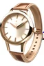 Placeholder: Create a realistic depiction of a retro ladies' wristwatch with a rose gold case, featuring a minimalist design, a slim leather strap, and a sunburst dial."