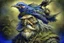 Placeholder: a painting of an old man with a bird on his head, a character portrait by Wendy Froud, cgsociety, fantasy art, storybook illustration, grotesque, detailed painting