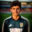 Placeholder: 85mm DSLR color photography of a very detailed headshot fitting all of head and hair in frame. 19-year-old Argentine soccer player, and with no facial hair and has no facial hair, has short and black hair with a small smile, grey background