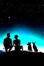 Placeholder: black background on a mountaintop and three silhouettes of a fit man, a silhouette of a fit woman, and silhouette of a Belgian malinois sitting next to the men and the woman looking at the stars