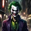 Placeholder: DEhybrid of (the joker:carnage:0. 1), sharp fangs, wide grin, grungy background street, moody lighting, shadows on left, torn jacket