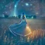 Placeholder: a young woman in a sleeveless dress in a field at night with lots of stars, looking at a UFO