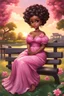 Placeholder: create a oil painting image of A curvy chibi cartoon black woman sitting on a park bench, facing the sunset. She has brown eyes accentuated by dramatic makeup. Her brown hair is done up in an elaborate curled twist. She sits slightly angled, wearing a flowing pink maxi dress with tropical flowers that seems to flutter in the gentle breeze.