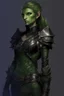 Placeholder: female snake humanoid, green scales, wearing a black leather armor, dungeons and dragons