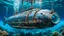 Placeholder: An unique cyber steampunk glass and metal submarine in the ocean, with large of water surrounding it. The submarine bottom positioned in the center of the frame, providing a unique perspective on this streamlined high-techstructure and interior equipment underwater, high detalied, sharp focus, best shot, sci-fi mood