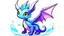 Placeholder: cartoon illustration: a cute ice dragon with big shiny eyes and two purple crystal wings. The dragon is flying.