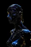 Placeholder: A close up photo of a artificial woman made from Led String Light in the style of low poly, covered in Led String Light, black background