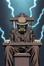 Placeholder: an electric chair(center and main focus) with a man behind wearing a gas mask and wide brimmed flat top hat, graphic novel