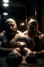 Placeholder: full body shot photography, two muscular chubby ugly burly marocan men , sweat, bulge, masculine hairy 54 year old man, bald, currly beard ,big shoulders, big arms, big legs, bulge,, ambient occlusion , lying down sleeping in a steamy Sauna, super high resolution, 8k, dim light, side light, ultra hyper realistic, frontal view