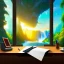 Placeholder: desk, parquet, sheet of paper, little pen, in front of a huge picture window with large view on a waterfall with warm light, sunset ,pixar style, panorama, nature, globe, HD