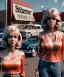 Placeholder: Ultra Realistic retro sci-fi movie Supermarket parking scene, 1960 year, waist up view portrait, 2 clones blonde women, sweet teenager Jane Fonda face, perfect iris, glow eyes, face makeup, tight latex coat. many people looking, Retro sci-fi style, soft color, highly detailed, unreal engine 5, ray tracing, RTX, lumen lighting, ultra detail, volumetric lighting, 3d, finely drawn, high definition, high resolution.