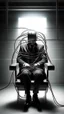 Placeholder: Electrical chair for death sentence, a man sitting on the electrical chair arms tied to the chairs arms in trajectory theme