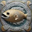 Placeholder: porcupine fish in silver and gold, in mayan desgin art style, background ocean