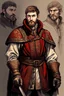 Placeholder: man, age 20, medieval, fighter, russian, croocked nose, czar, rich, simple clothes, short messy hair, thick beard, oligarch, leather coat with fur, brocade clothes, pencil drawing, black or red hair