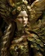 Placeholder: Beautiful young faced decadent angel baroque style moss covered dusty rusty floral metallic wooden quilling filigree caved angel wings textured angel feathers filigree headdress woman portrait wearing moss covered ivory caved metallic golden filigree filigree decadent angel wearing owers dust and rust covered bqroque dress organic bio spinql ribbed detail of bokeh extremely detailed surrealistic maximqist concept close up portrait art
