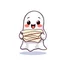 Placeholder: An icon that features a cute and happy ghost. That holds a big pile of papers in its hands. No background. Transparent background. Cute. Icon. Logo. Drawing. SVG. Cute. Happy. Small. Baby. Child