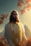 Placeholder: Jesus portrait , detailed hands, at dawn by atey ghailan, golden light , white robe, holding leaves and flowers , angels background, volumetric light, high detail, red leaf tree, mountains in background, perfect