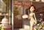 Placeholder: sign "Mon Petit" 3D video game character elegant young woman enthusiastically and cheerfully comes out of a dessert store, cake box in her hand, in the window cakes, cookies, macarons and flowers in sunshine