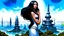 Placeholder: exotic sci-fi pin-up girl, with long dark hair, on an alien planet with cloud trees, tall spires and buildings