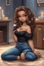 Placeholder: Create a furturism magna art of a black chibi curvy female sitting on the floor looking at her cell phone. She is wearing tight blue jeans and a black off the shoulder blouse. Prominent make up with lush lashes. Highly detailed wavy ombre blonde and brown long hair. She is also wearing silver large hoop earringsart of a black chibi curvy female sitting on the floor looking at her cell phone. She is wearing tight blue jeans and a black off the shoulder blouse. Prominent make up with lush lashes.