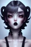 Placeholder: Girl, cute, beautiful, dark shadows, tilted head, black lipstick, grey skin, short black hair, choker, black sweater