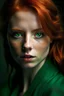 Placeholder: Portrait of a young redhead woman with fangs and green slitted eyes