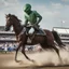 Placeholder: An alien jockey riding a horse in the Preakness Stakes