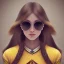 Placeholder: Girl with long wavy brown blond hair, yellow hawk eyes. Wears Hogwarts Hufflepuff uniform and sunglasses with a yellow clip.