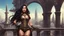 Placeholder: Exotic sci-fi steampunk skinny pin-up girl, with long dark hair, in an alien city, tall spires, buildings, bridges, and arches