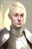 Placeholder: full colour drawing, portrait, 22-year old friendly slender female human cleric, shaved head, blonde eyebrows, grey eyes, wearing armour