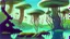 Placeholder: looking out over a lake, in an alien forest, flying mushrooms with jellyfish tenacles formed into gnarled trunks, Roger Dean