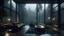 Placeholder: a fancy villa livingroom in the forest with an awesome view from the window,lake,rainy day,mist,dark vivid cinematic atmosphere,fireplace,sun,highly detailed,high budget Hollywood film,