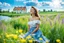 Placeholder: Young woman in flower field in country side ,river, houses,blue sky ,nice clouds,god rays