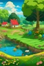 Placeholder: a farm, a river, some trees, flowers, animals, ghibli style