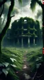 Placeholder: Scary postapocalyptic cinematic overgrown forest park in horror style