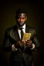Placeholder: Dashing black man in a suit with gold trimmings. He's holding a deck of cards.