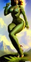 Placeholder: Green skin Martain Pin-Up Lady by Frank Frazetta, full body and face can be seen, detailed face, detailed body