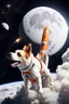 Placeholder: white and orange dog flies to the moon on top of the a rocket, writes, in space, realistic, 4k, Cinematic,