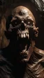 Placeholder: An evil creature with skull covered with thick layer of dark brown corrosion , open his mouth wide screaming and standing in front of a dark cave, Bosch painting style , of a nightmare , hyper photorealistic, hyper detailed dark , high resolution, fog, octane render, tilt shift, 8k ,