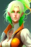 Placeholder: fantasy setting, woman with orange and white hair, green eyes, tall and thin, kind, soft facial traits