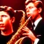 Placeholder: eyes closed REd-haired ron howard as richie from happy days Is playing the saxophone in a band with his "eyes closed", rock band, Saxophone lip, looking at camera