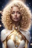 Placeholder: donna galattica con capelli biondi ricci con abiti bianco e oro e con diamanti in mezzo agli occhi e in mezzo al petto con sfondo di luce e stelle e con bimbo in braccio biondo