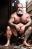 Placeholder: full figure shot frontal photography of a 58 year old dirty burly beefy gipsy carpenter wet sweat , tattoo, bullneck, long curly white beard , dreadlocks, manly chest, short white boxer, bulge, under the sun, sitting in the garbage outside an abandoned warehouse, misery and poverty, open legs, photorealistic, look at camera, very detailed , view from the ground , ambient occlusion