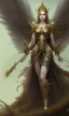 Placeholder: Female angel with beautiful perfect face, big fire wings and golden crown floating above the ground in the dark enviroment, anatomically correct, michelangelo style, detailed, world of warcraft style, dark forest, trees, painting, brush strokes, 8k, dark forest in the background, dramatic camera view