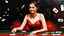 Placeholder: impressionist oil painting smooth brush strokes "head and shoulder" beautiful woman sitting at poker table elegant red tulle and shiny dress, red jewelry black hair in a bun, big hanging curls, slight smile, eyes downcast, long eyelashes cards in hand dark background other small cards flying around her some deteriorating grainy noise falling particles, backlight